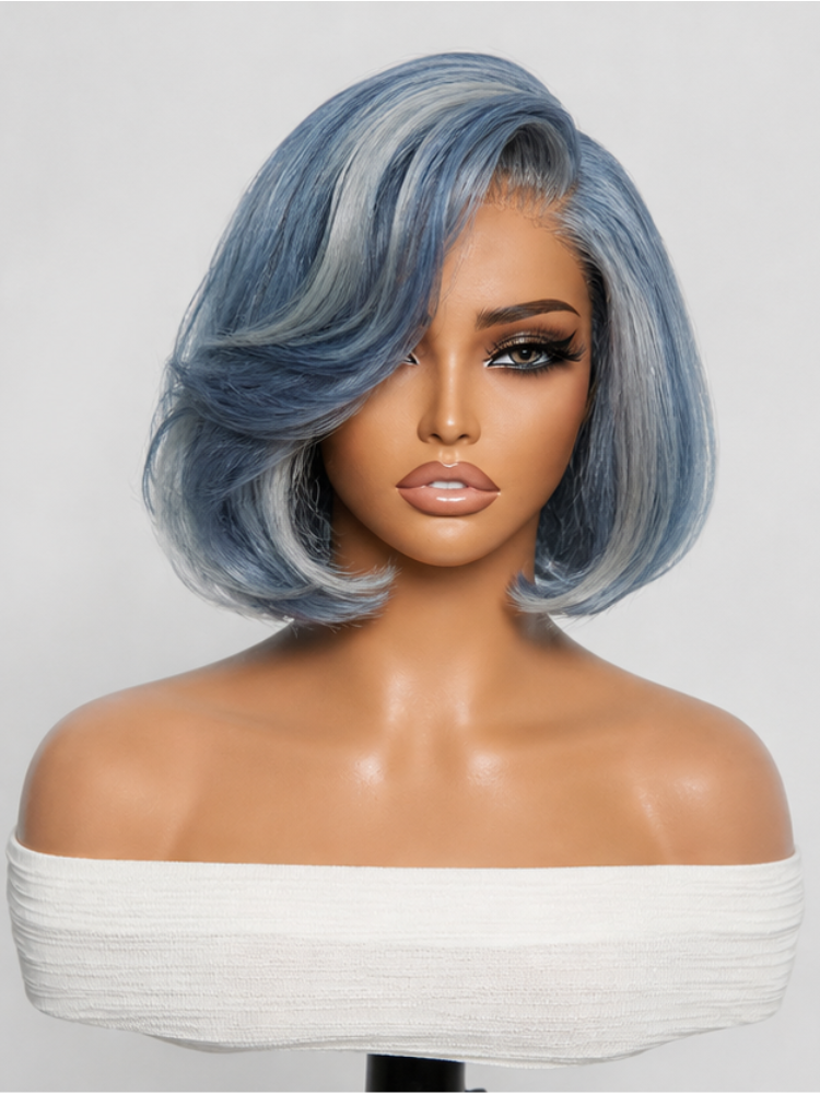 PreMax Wigs | Super Natural Hairline Smoky Blue with Silver Bob Glueless 13x4 Frontal Lace Human Hair Short Wig Pre-Cut Lace