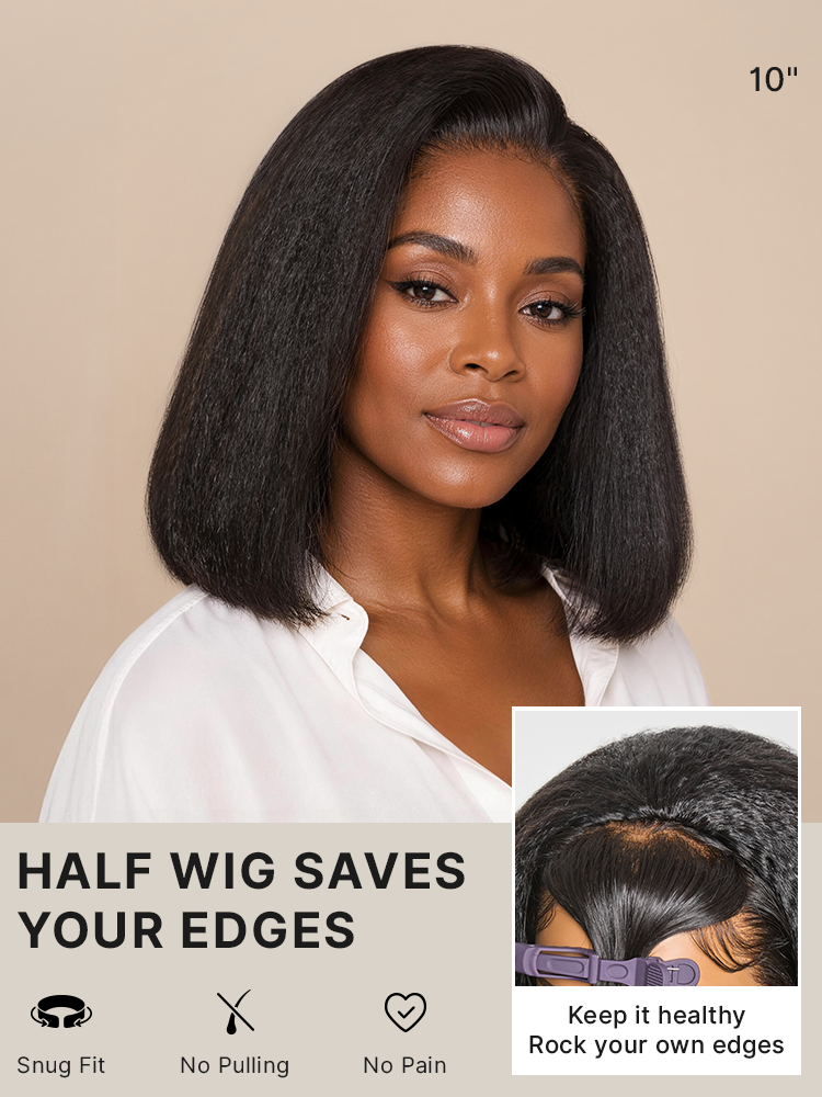 3-In-1 Half Wig 180% Density Kinky Straight Bob Glueless Flexi-Fit Drawstring Wig