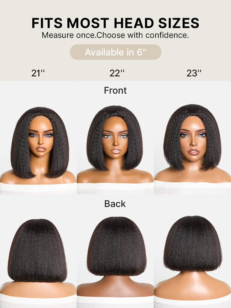 3-In-1 Half Wig 180% Density Kinky Straight Bob Glueless Flexi-Fit Drawstring Wig