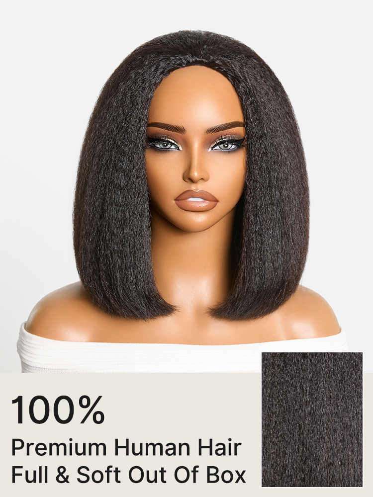 New Customers Only | 3-In-1 Half Wig 180% Density Kinky Straight Bob Glueless Flexi-Fit Drawstring Wig