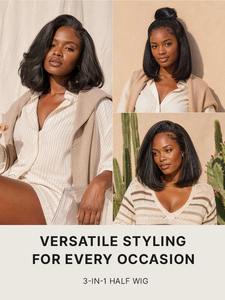 3-In-1 Half Wig 180% Density Kinky Straight Bob Glueless Flexi-Fit Drawstring Wig