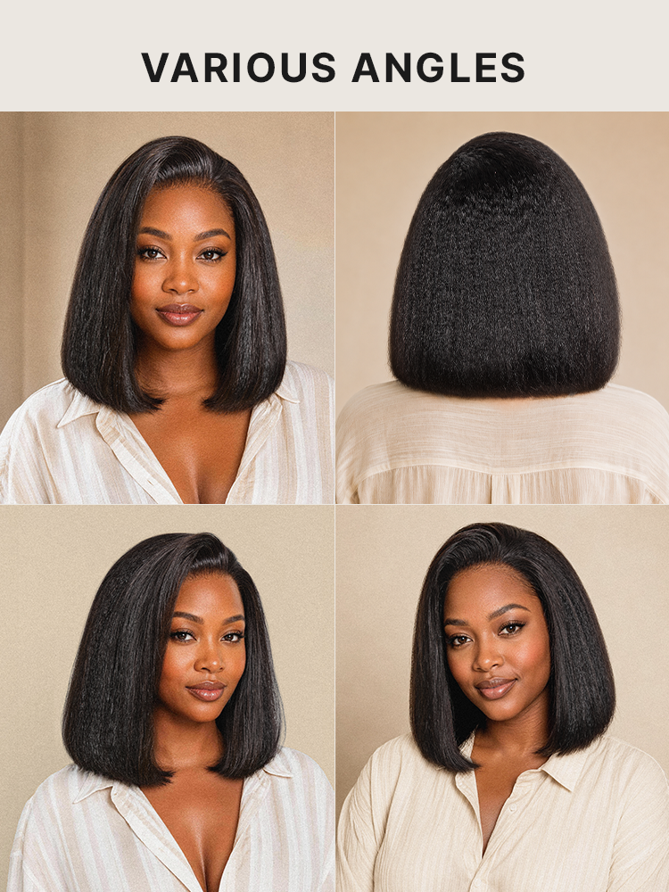 3-In-1 Half Wig 180% Density Kinky Straight Bob Glueless Flexi-Fit Drawstring Wig