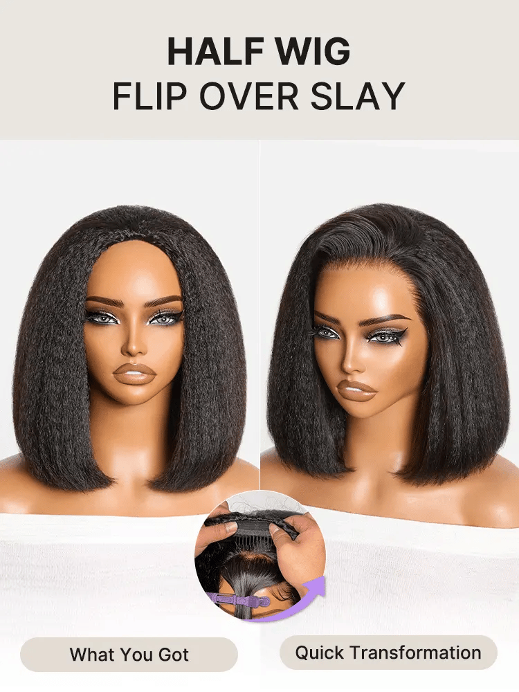 New Customers Only | 3-In-1 Half Wig 180% Density Kinky Straight Bob Glueless Flexi-Fit Drawstring Wig