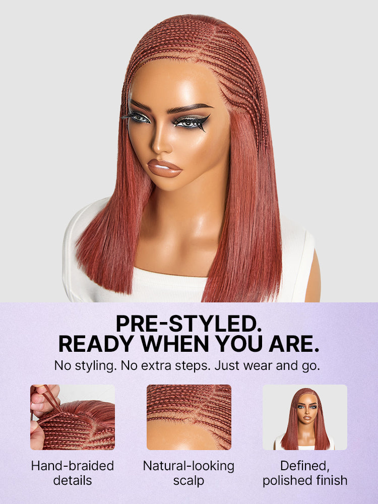 Trendy Copper Red Fulani Braids Straight 13x4 Frontal Lace Bob Wig Pre-cut Lace Drawstring Cap