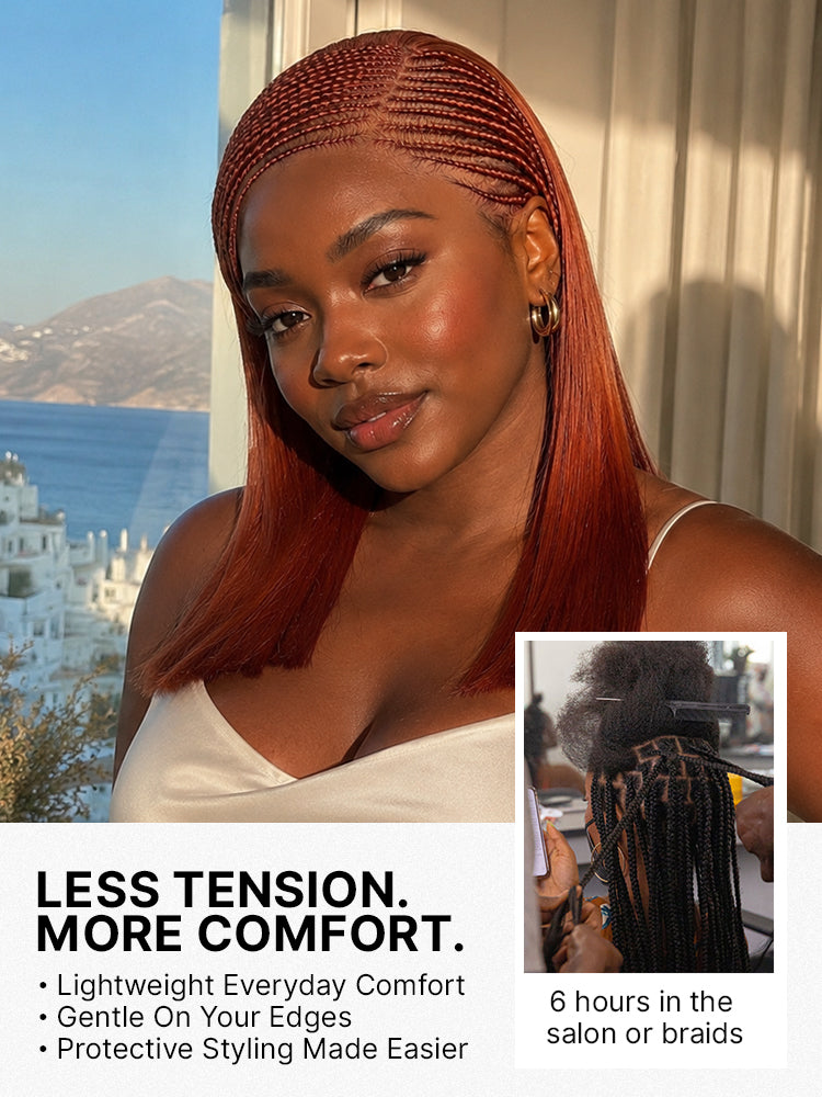 Trendy Copper Red Fulani Braids Straight 13x4 Frontal Lace Bob Wig Pre-cut Lace Drawstring Cap