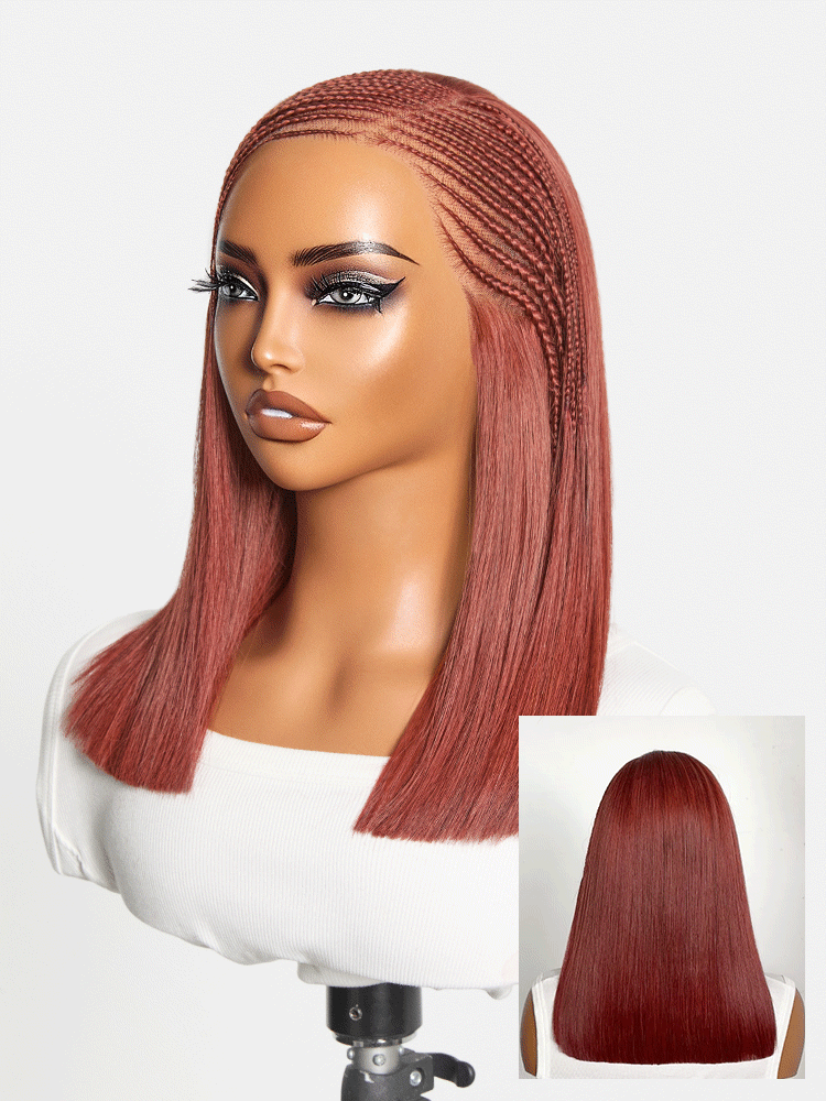 Trendy Copper Red Fulani Braids Straight 13x4 Frontal Lace Bob Wig Pre-cut Lace Drawstring Cap