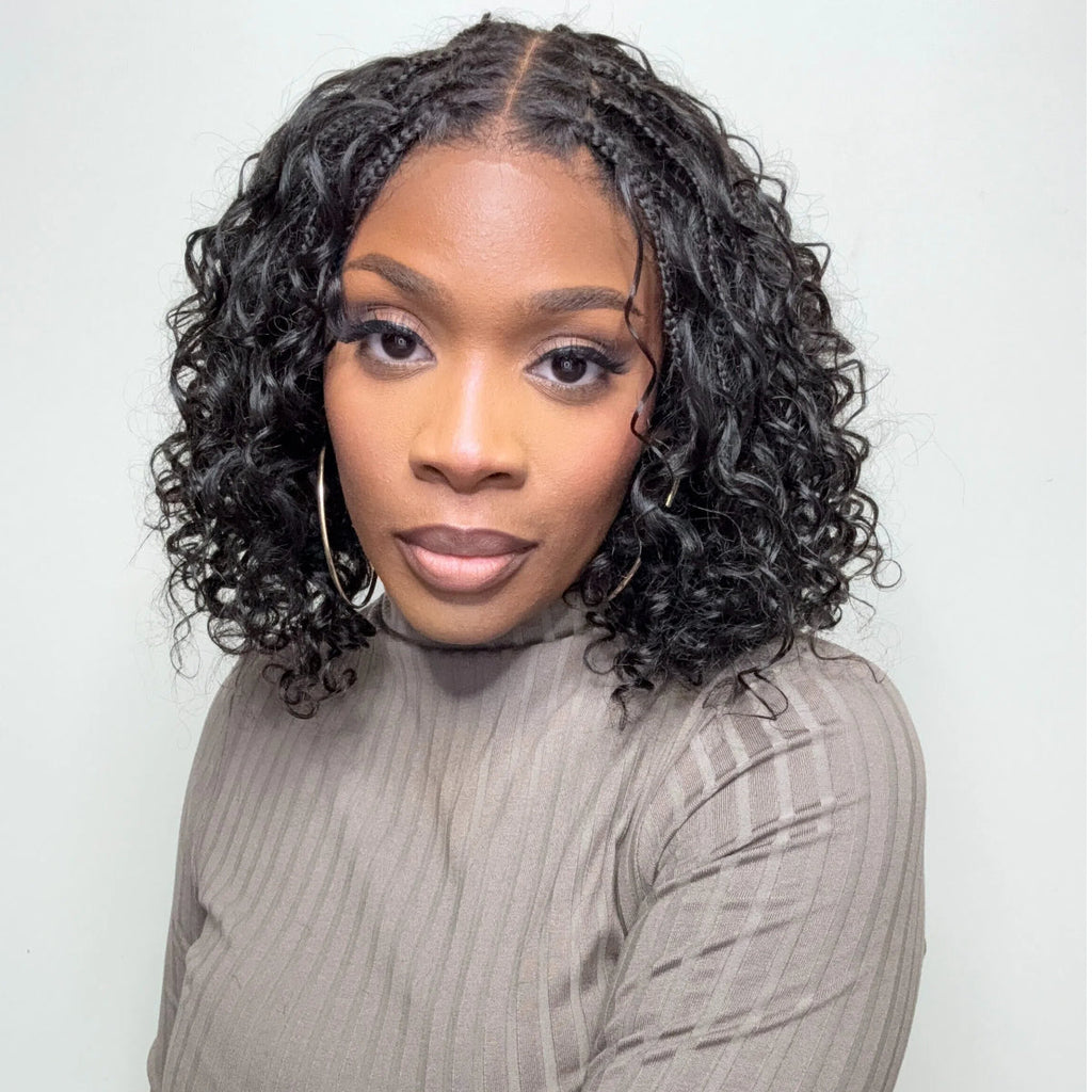 12 Inches | Boho Braids Deep Curly Glueless 5x5 Closure Lace with Braided Top Human Hair Wig Pre-Cut Lace