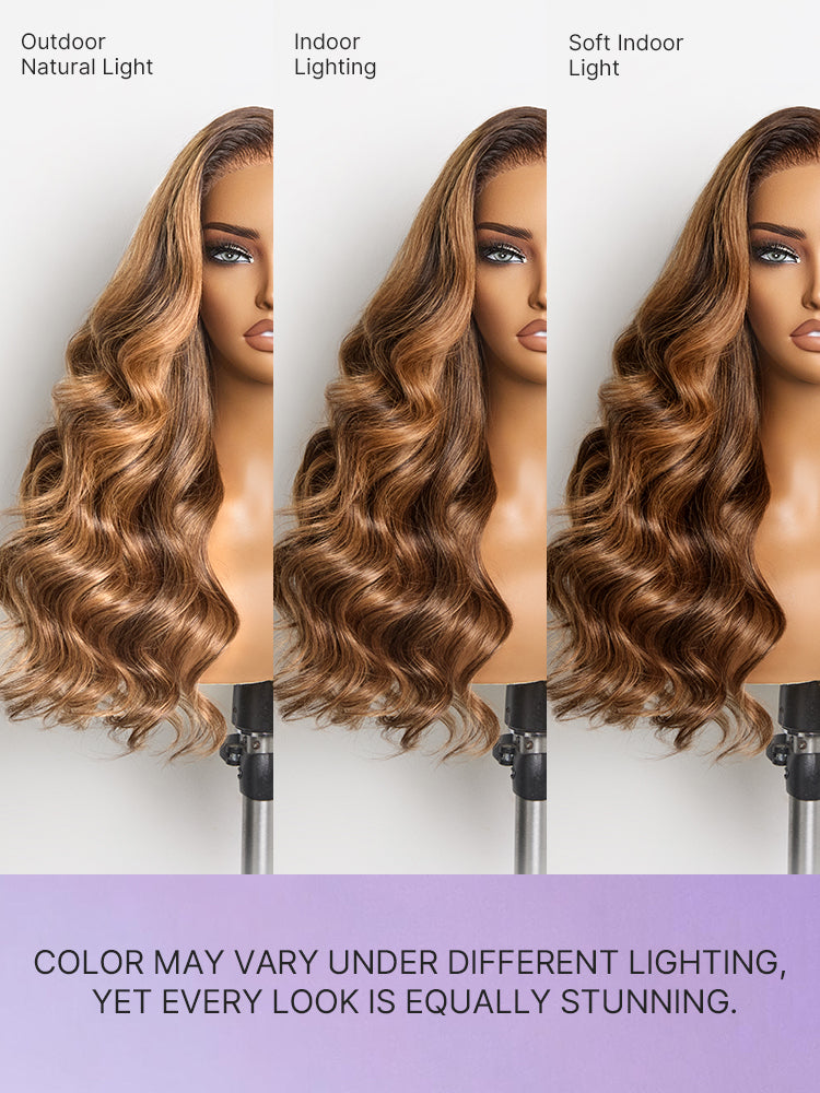 Sun-Kissed Warm Tone Brown with Blonde Highlights 180% Density Loose Wave Glueless 5x5 Closure Lace Wig Pre-Cut Lace