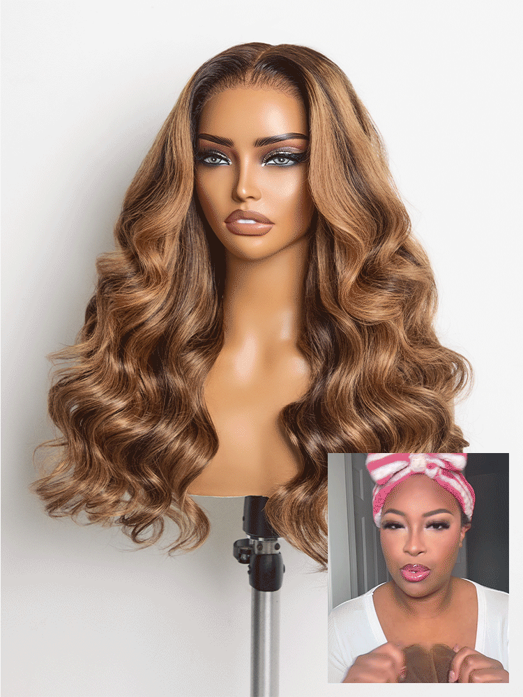 Sun-Kissed Warm Tone Brown with Blonde Highlights 180% Density Loose Wave Glueless 5x5 Closure Lace Wig Pre-Cut Lace