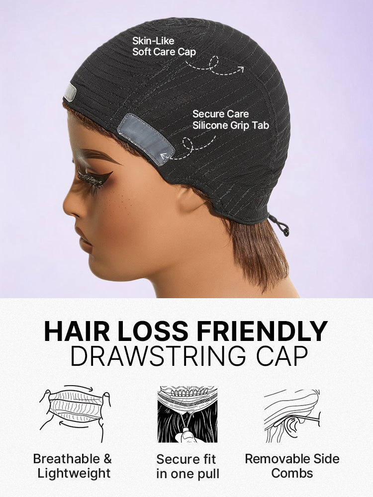 Throw On & Go Light Blonde Short Cut with Bangs Wig Ultra Comfort Skin-Like Soft Care Glueless Wig
