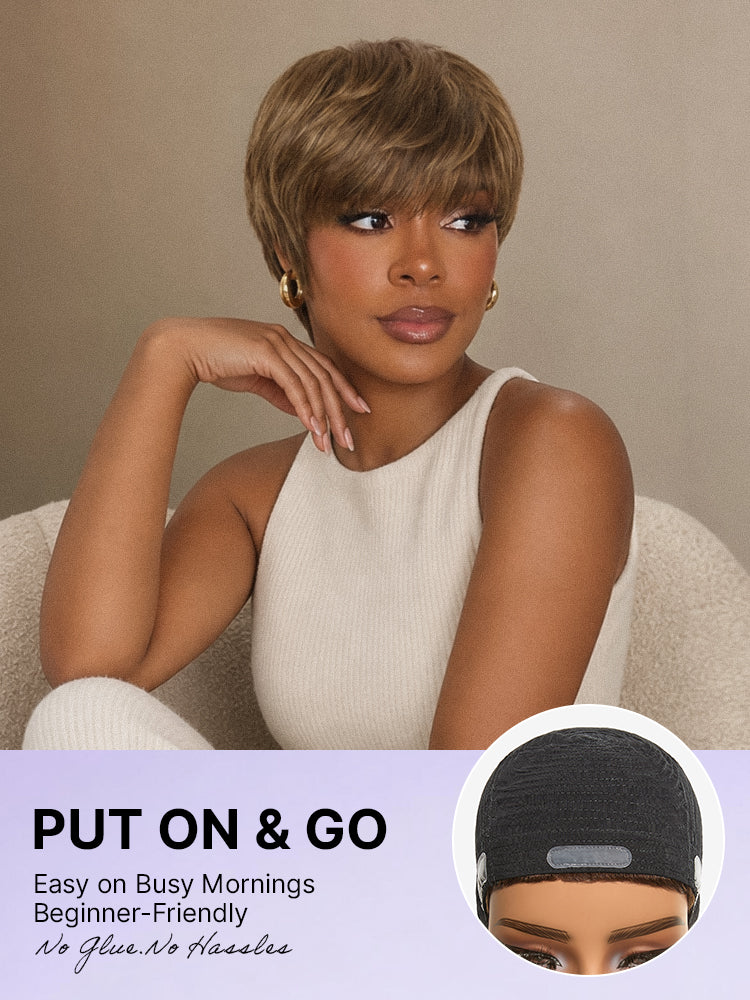 Throw On & Go Light Blonde Short Cut with Bangs Wig Ultra Comfort Skin-Like Soft Care Glueless Wig