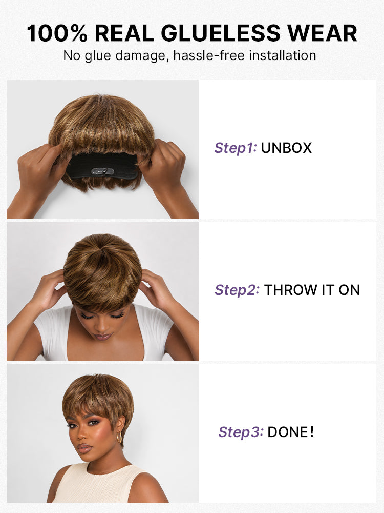 Throw On & Go Light Blonde Short Cut with Bangs Wig Ultra Comfort Skin-Like Soft Care Glueless Wig