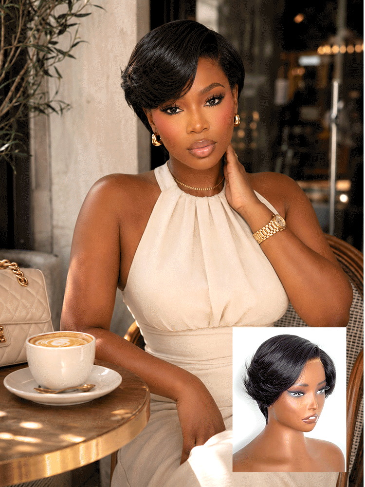 New Customers Only | Elegant Natural Black Layered Short Pixie Cut Minimalist HD Lace Wig Pre-cut Lace