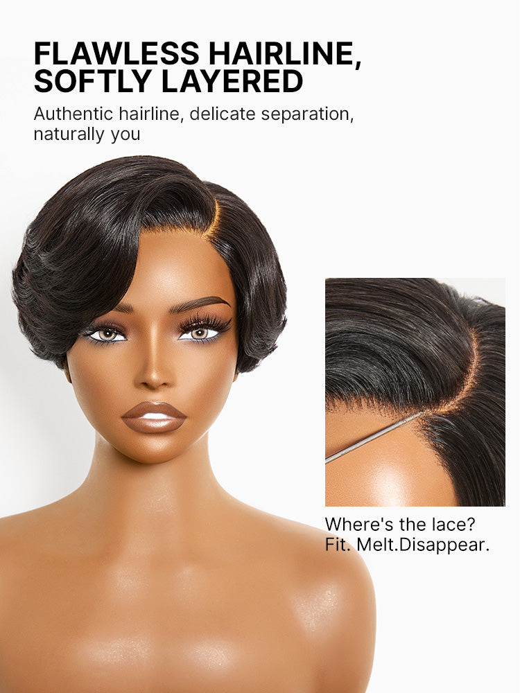 New Customers Only | Elegant Natural Black Layered Short Pixie Cut Minimalist HD Lace Wig Pre-cut Lace