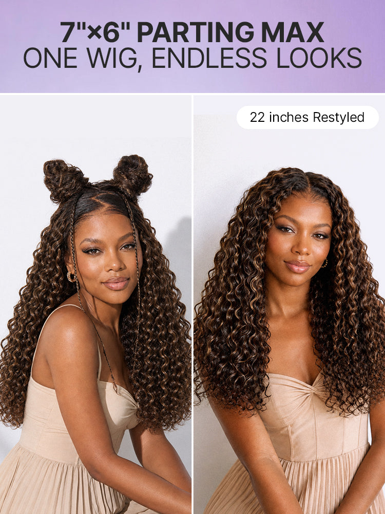 Luvme All-Day Comfort™ Wig PartingMax Brown Highlights Funmi Curly 7x6 Closure HD Lace Glueless Wig Pre Cut Lace