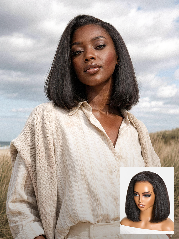 New Customers Only | 3-In-1 Half Wig 180% Density Kinky Straight Bob Glueless Flexi-Fit Drawstring Wig
