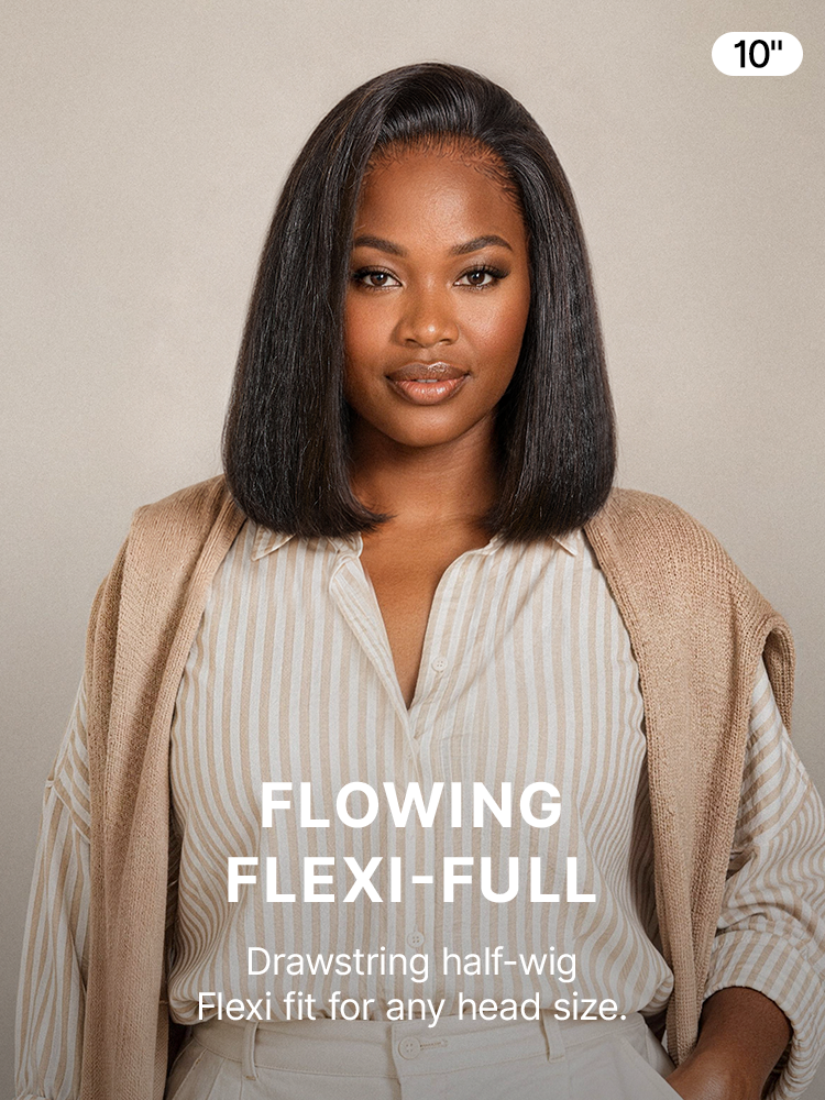New Customers Only | 3-In-1 Half Wig 180% Density Kinky Straight Bob Glueless Flexi-Fit Drawstring Wig