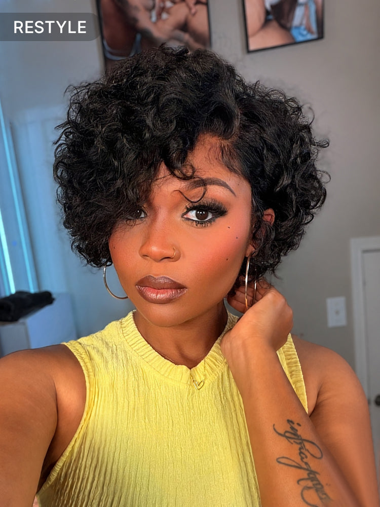 Natural Black / Brown Highlight Water Wave Pixie Cut Glueless Minimalist HD Lace Short Curly Wig
