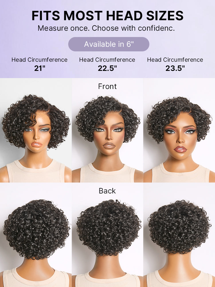 Natural Black / Brown Highlight Water Wave Pixie Cut Glueless Minimalist HD Lace Short Curly Wig