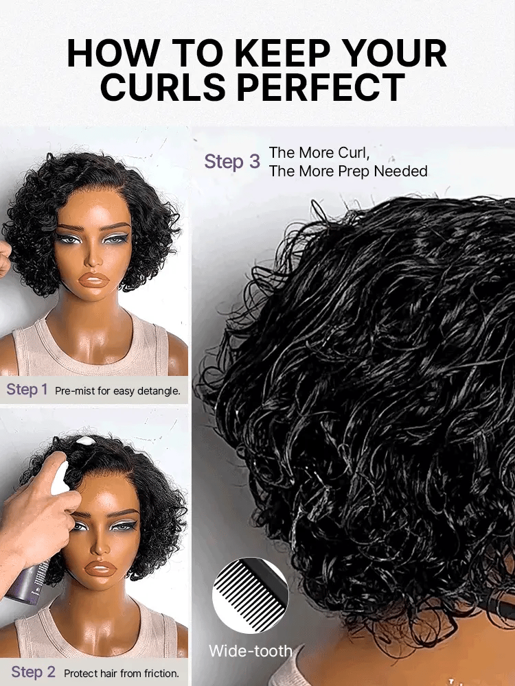 Natural Black / Brown Highlight Water Wave Pixie Cut Glueless Minimalist HD Lace Short Curly Wig