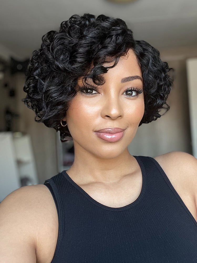 Natural Black / Brown Highlight Water Wave Pixie Cut Glueless Minimalist HD Lace Short Curly Wig