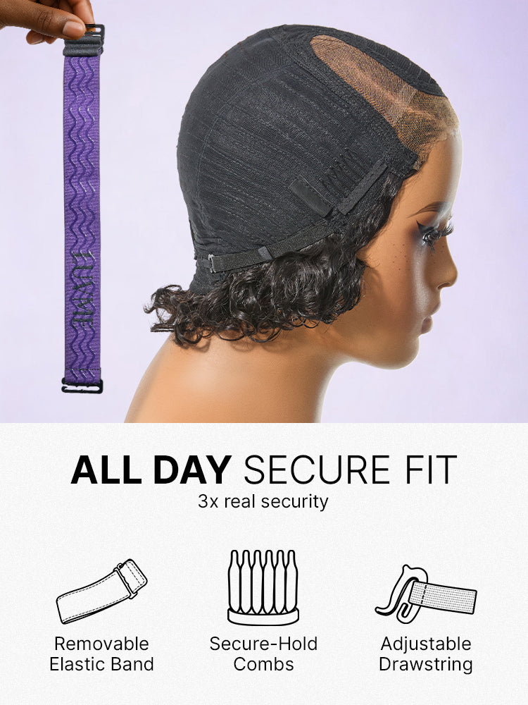 Natural Black / Brown Highlight Water Wave Pixie Cut Glueless Minimalist HD Lace Short Curly Wig