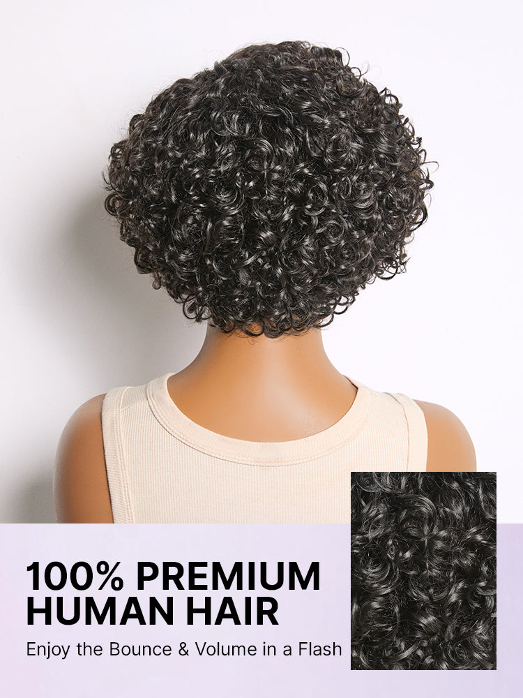 Natural Black / Brown Highlight Water Wave Pixie Cut Glueless Minimalist HD Lace Short Curly Wig