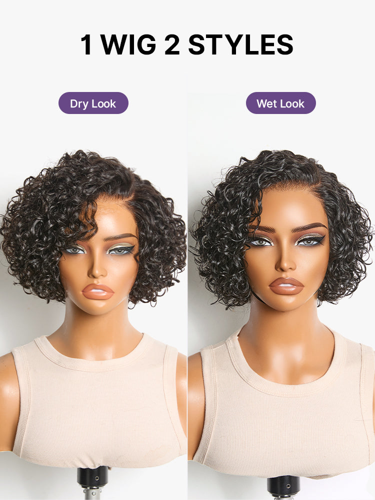 Natural Black / Brown Highlight Water Wave Pixie Cut Glueless Minimalist HD Lace Short Curly Wig