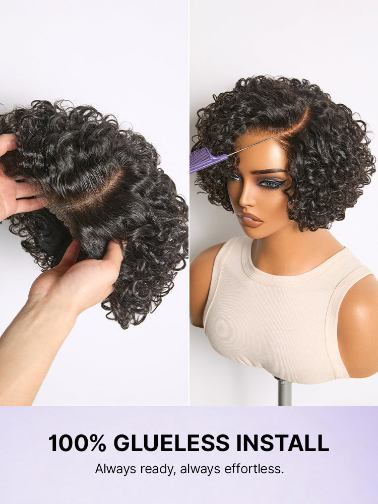 Natural Black / Brown Highlight Water Wave Pixie Cut Glueless Minimalist HD Lace Short Curly Wig