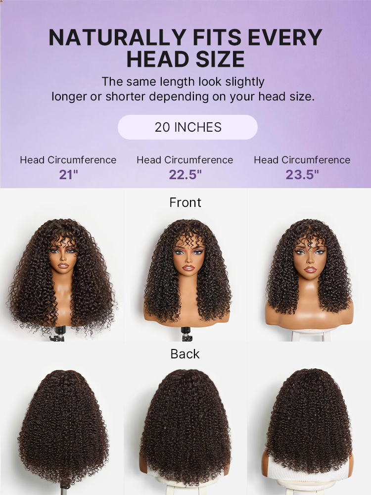 Beginner Friendly 200% Density Kinky Curly with Bangs Glueless 5x5 Closure Pre-Cut Lace Wig All Head Sizes Fit Cap
