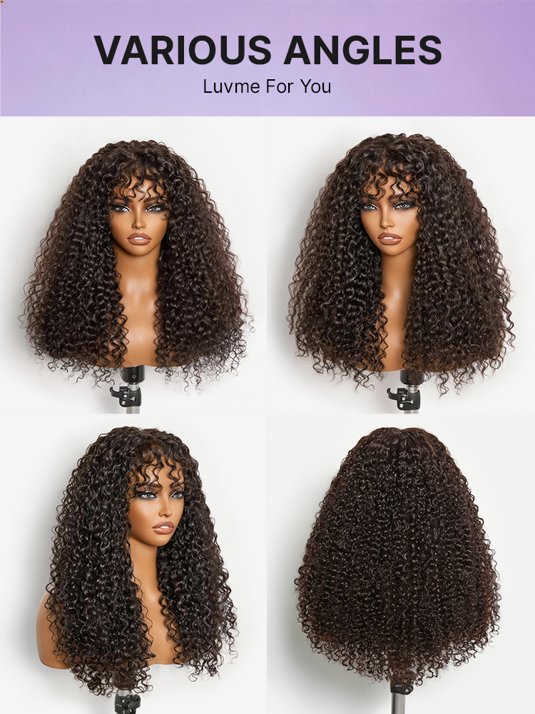 Beginner Friendly 200% Density Kinky Curly with Bangs Glueless 5x5 Closure Pre-Cut Lace Wig All Head Sizes Fit Cap
