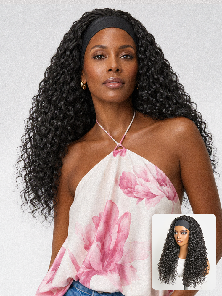 Beginner Friendly Water-Wave Wet and Wavy Headband Wig with Integrated Cooling Silk Headband, Effortless Wet-to-Dry Transformation (Get 2 Free Headbands)