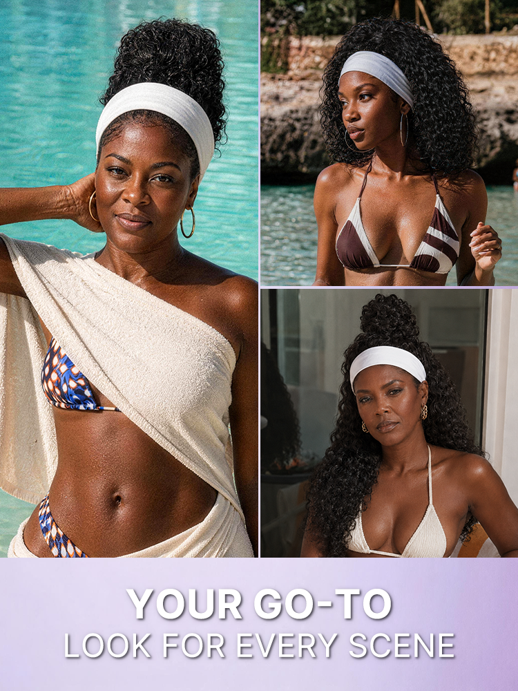 Beginner Friendly Water-Wave Wet and Wavy Headband Wig with Integrated Cooling Silk Headband, Effortless Wet-to-Dry Transformation (Get 2 Free Headbands)