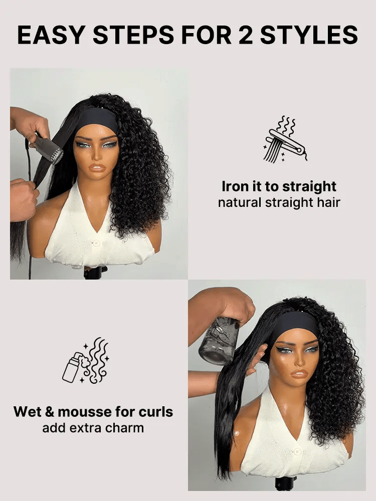 New Customers Only | Beginner Friendly Water-Wave Wet and Wavy Headband Wig with Integrated Cooling Silk Headband, Effortless Wet-to-Dry Transformation (Get 2 Free Headbands)