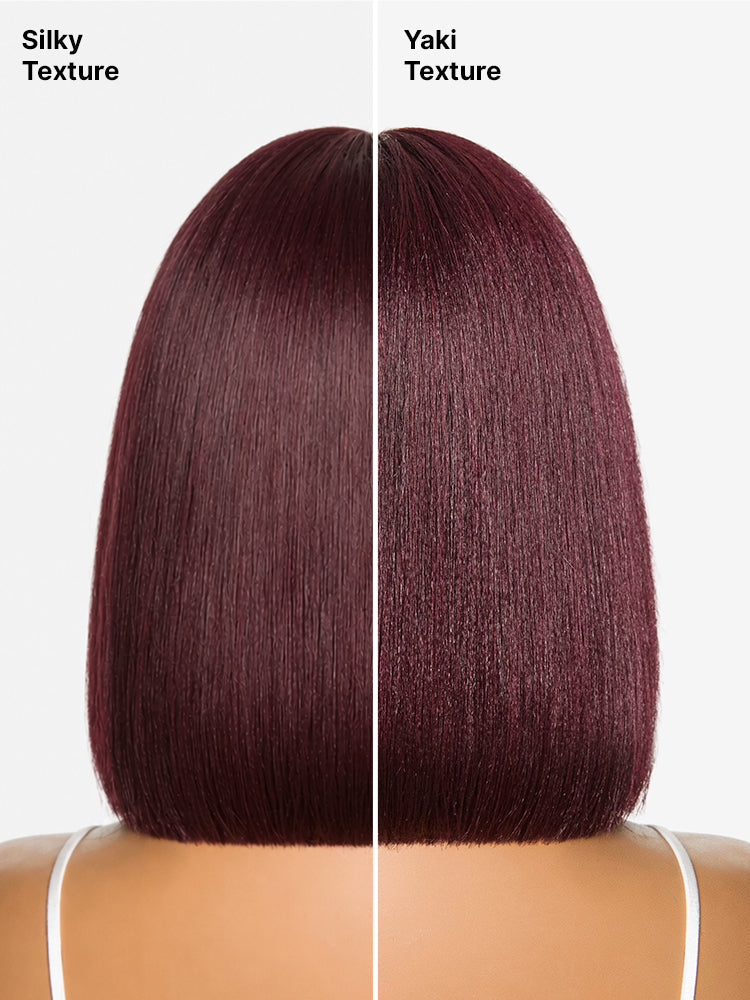 Put On and Go Reddish Purple Layered Cut Yaki Straight Minimalist Lace Bob Wig with Bangs All-Day Comfort Cap