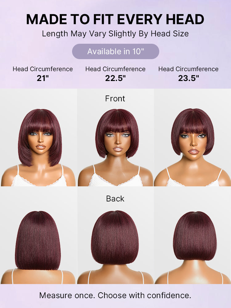 Put On and Go Reddish Purple Layered Cut Yaki Straight Minimalist Lace Bob Wig with Bangs All-Day Comfort Cap