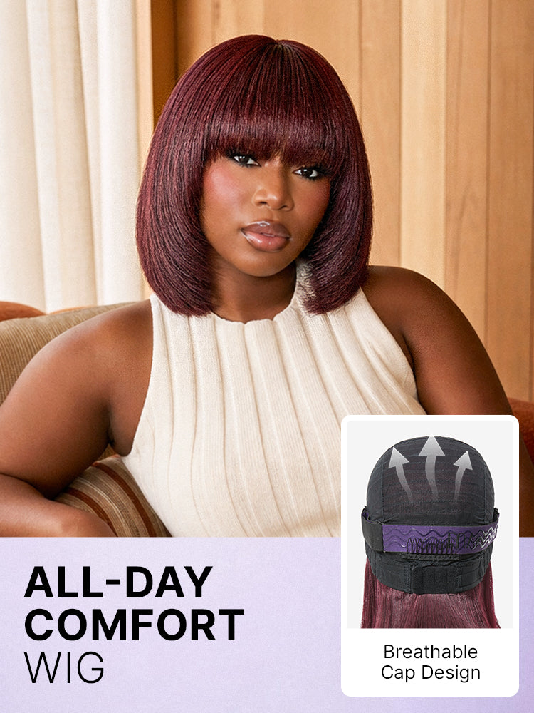 Put On and Go Reddish Purple Layered Cut Yaki Straight Minimalist Lace Bob Wig with Bangs All-Day Comfort Cap