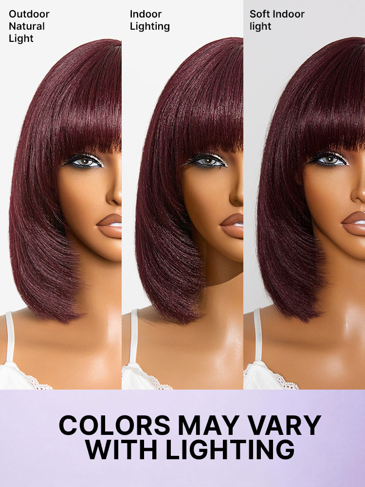 Put On and Go Reddish Purple Layered Cut Yaki Straight Minimalist Lace Bob Wig with Bangs All-Day Comfort Cap