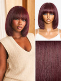 Put On and Go Reddish Purple Layered Cut Yaki Straight Minimalist Lace Bob Wig with Bangs All-Day Comfort Cap