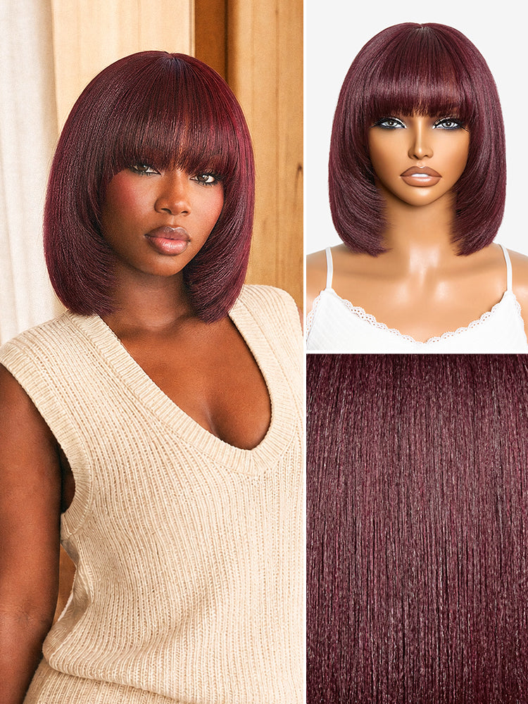Put On and Go Reddish Purple Layered Cut Yaki Straight Minimalist Lace Bob Wig with Bangs All-Day Comfort Cap