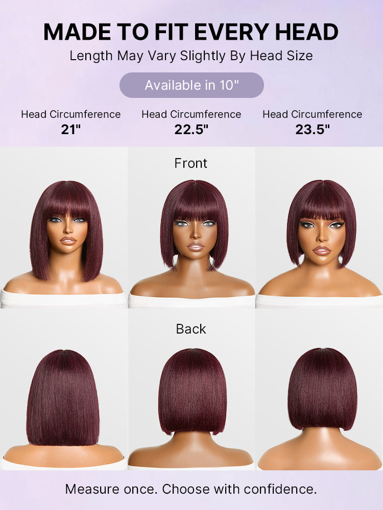 Reddish Purple Realistic Glueless Yaki Straight Bob with Bangs Minimalist Lace Bob Wig All-Day Comfort Cap