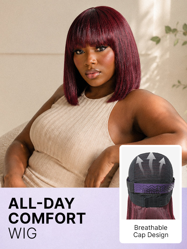 New Customers Only | Reddish Purple Realistic Glueless Yaki Straight Bob with Bangs Minimalist Lace Bob Wig All-Day Comfort Cap