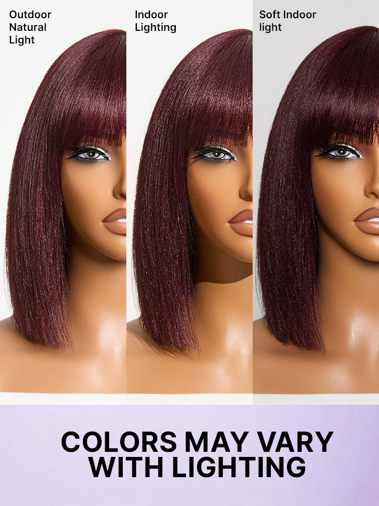 Reddish Purple Realistic Glueless Yaki Straight Bob with Bangs Minimalist Lace Bob Wig All-Day Comfort Cap
