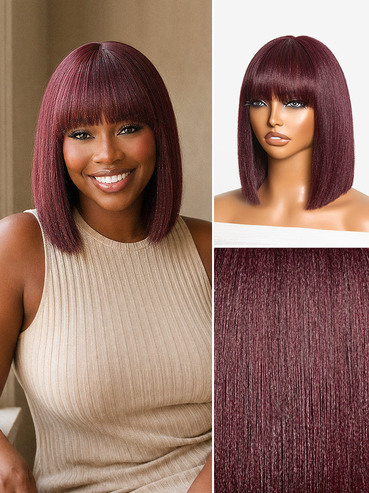 New Customers Only | Reddish Purple Realistic Glueless Yaki Straight Bob with Bangs Minimalist Lace Bob Wig All-Day Comfort Cap