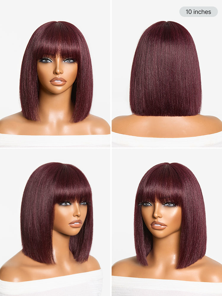Reddish Purple Realistic Glueless Yaki Straight Bob with Bangs Minimalist Lace Bob Wig All-Day Comfort Cap