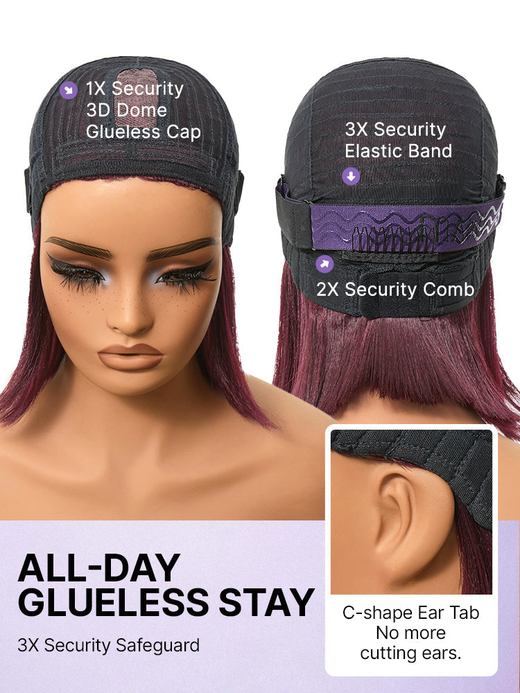 Reddish Purple Realistic Glueless Yaki Straight Bob with Bangs Minimalist Lace Bob Wig All-Day Comfort Cap