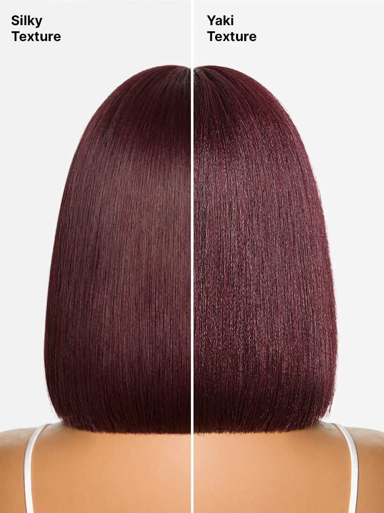 Reddish Purple Realistic Glueless Yaki Straight Bob with Bangs Minimalist Lace Bob Wig All-Day Comfort Cap