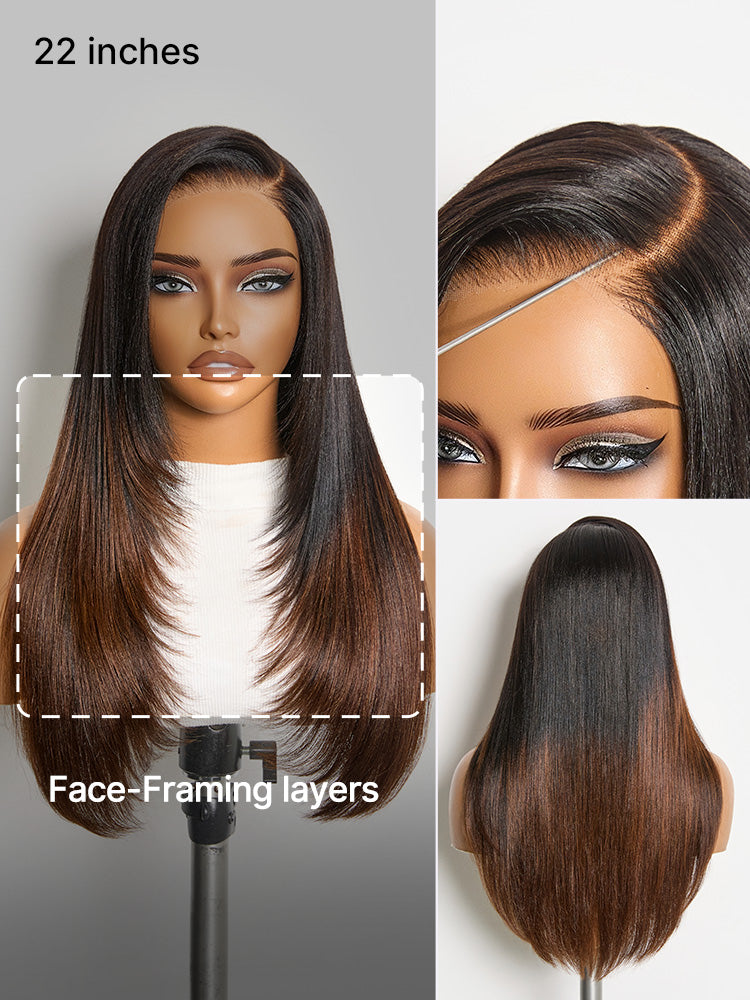 Luvme All-Day Comfort™ Wig 180% Density Ombre Brown Butterfly Cut Layered Light Yaki Straight Glueless 7x6 Closure HD Lace Human Hair Wig Pre-Cut Lace