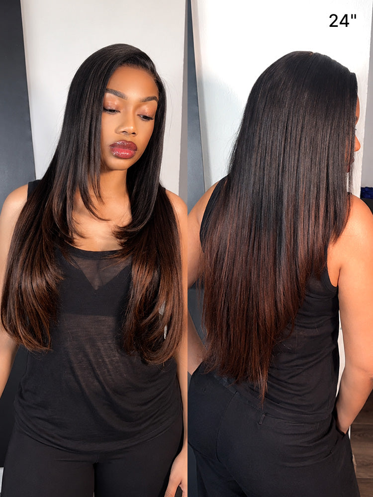 Luvme All-Day Comfort™ Wig 180% Density Ombre Brown Butterfly Cut Layered Light Yaki Straight Glueless 7x6 Closure HD Lace Human Hair Wig Pre-Cut Lace