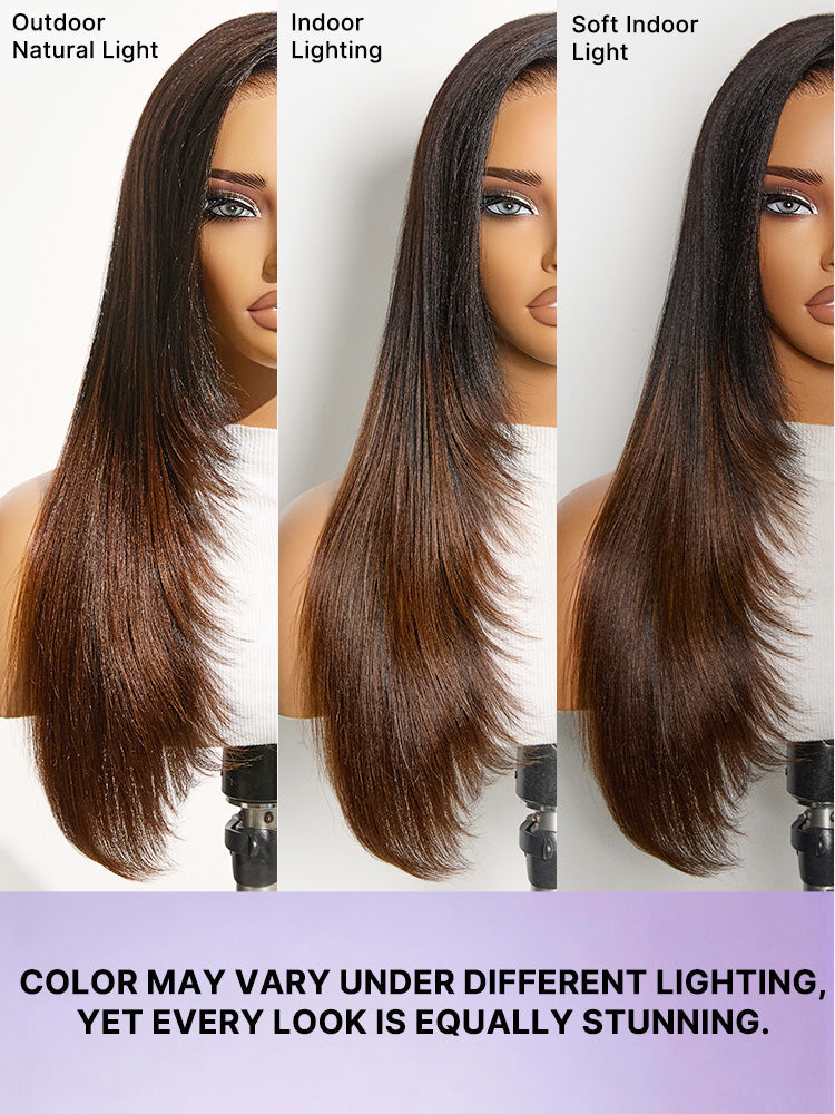 Luvme All-Day Comfort™ Wig 180% Density Ombre Brown Butterfly Cut Layered Light Yaki Straight Glueless 7x6 Closure HD Lace Human Hair Wig Pre-Cut Lace